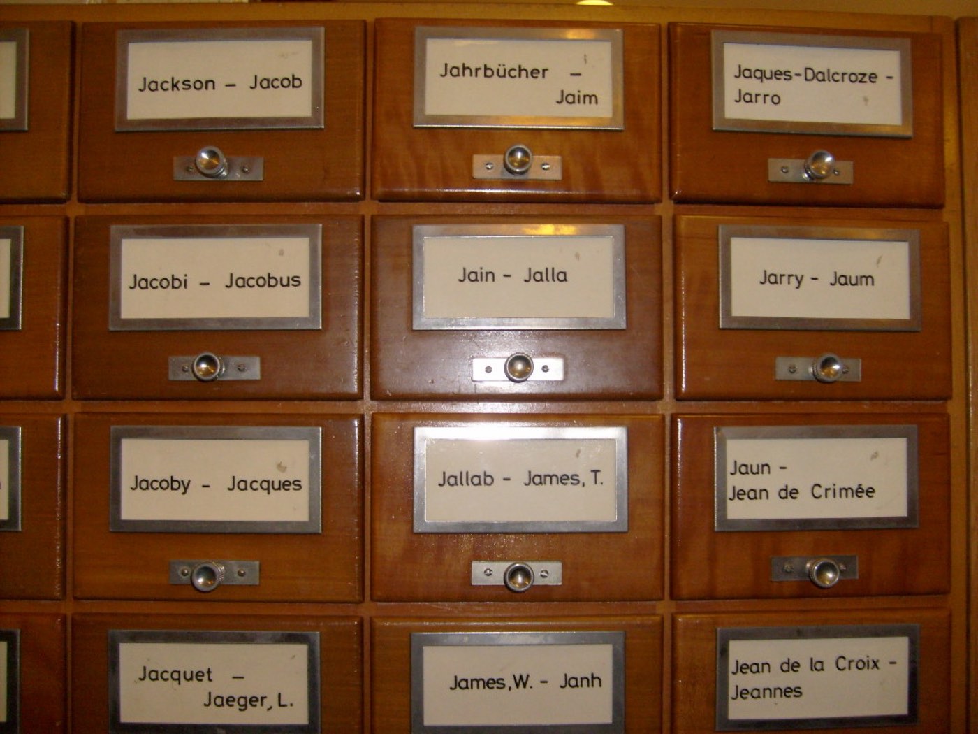Wooden card-catalogue drawers with typed alphabetical labels, Bibliothèque de Genève