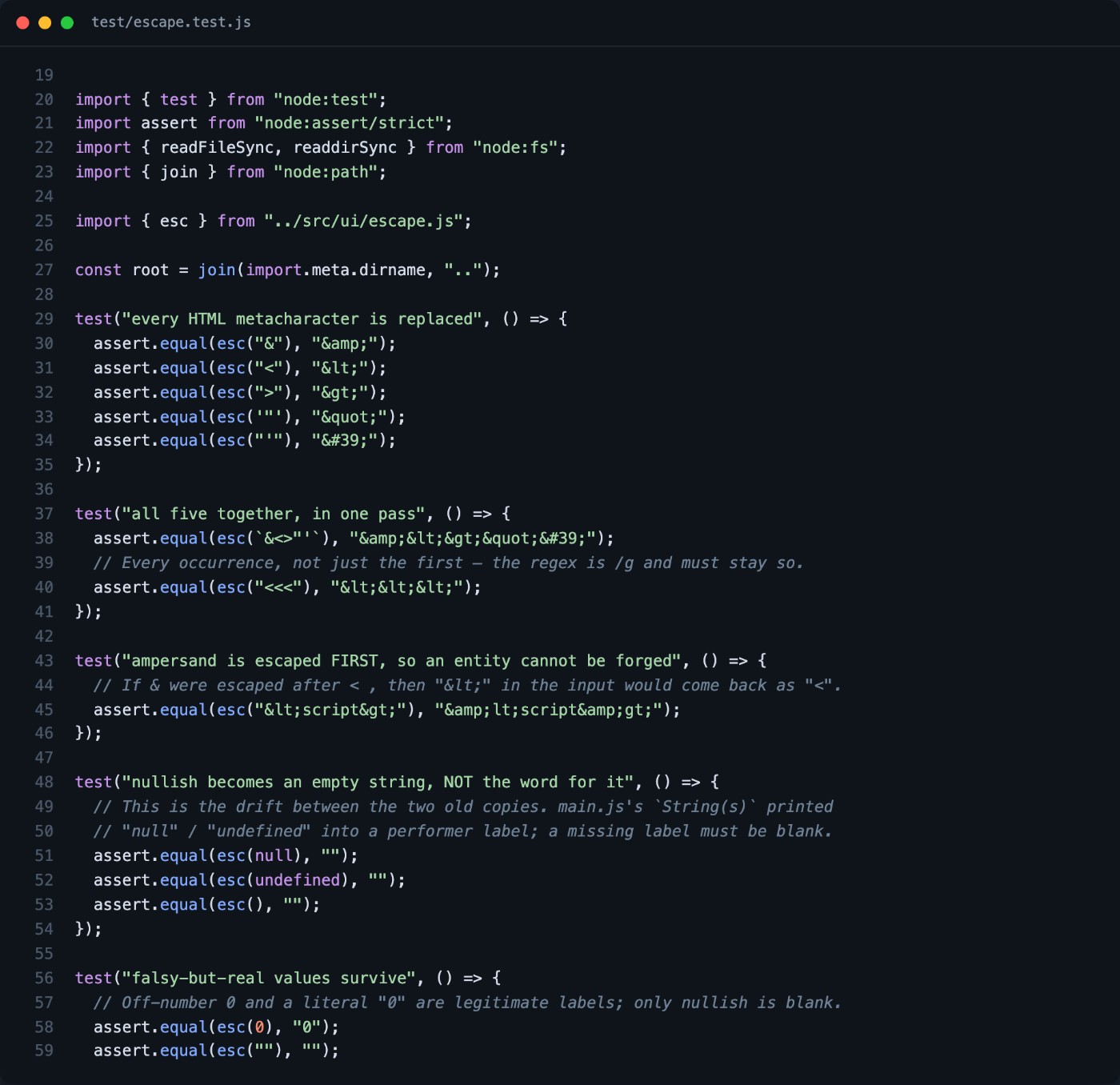 Source code of test/escape.test.js, lines 19 to 59: Node tests for the single HTML escaper, checking each metacharacter, that the ampersand is escaped first, and that null and undefined become empty strings