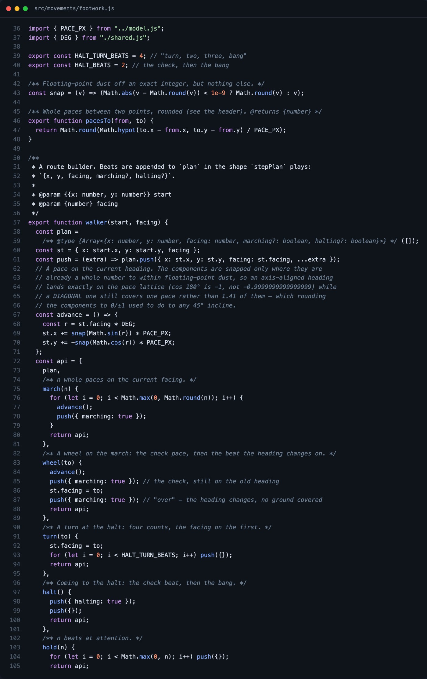 Source code of src/movements/footwork.js, lines 36 to 105: a walker route builder with march, wheel, turn, halt and hold steps, one beat per count, and a snap function that rounds headings to whole paces