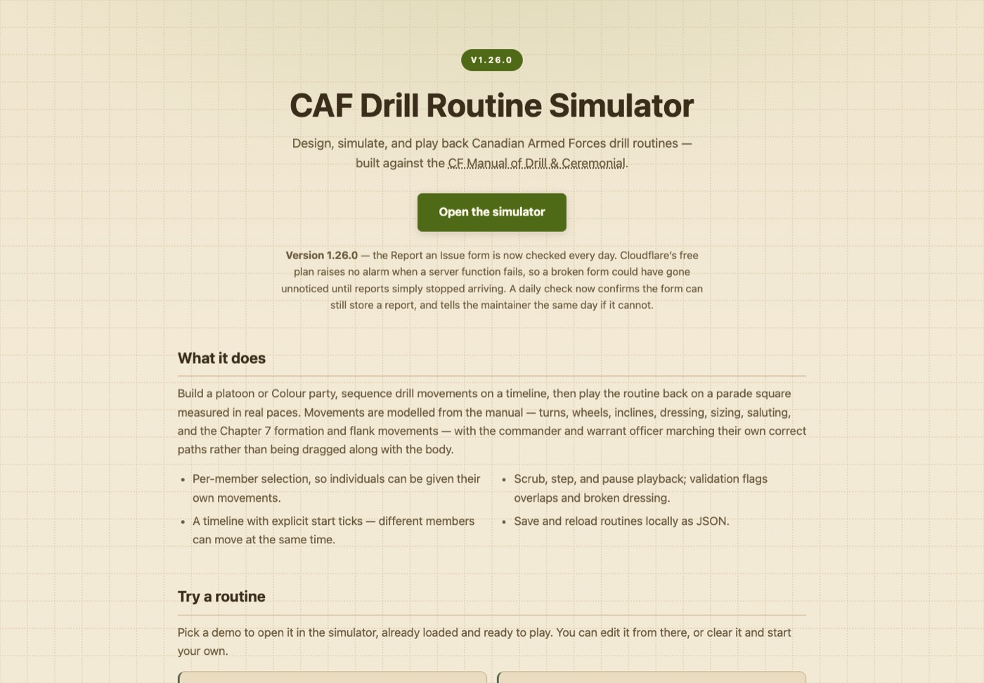 The drillteamroutine.com landing page with its title, an Open the simulator button and a description of what it does
