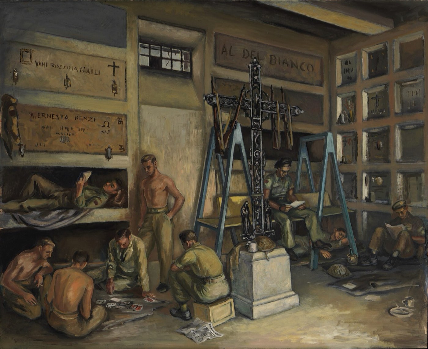 Painting of Canadian soldiers resting, reading and playing cards among the tomb niches of an Italian cemetery, 1945