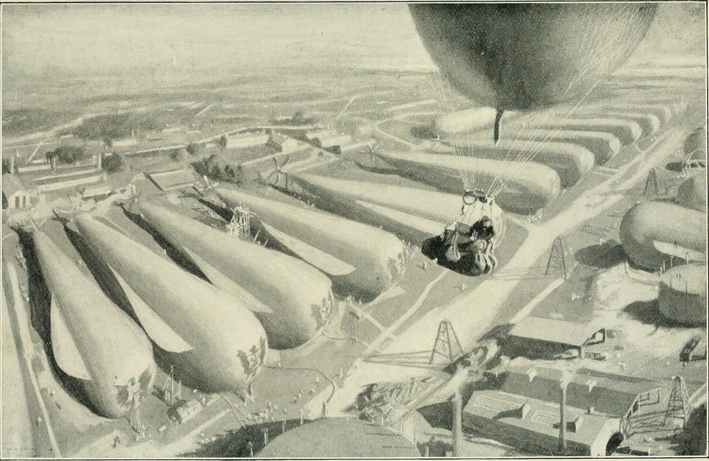 Illustration of a balloon basket drifting above rows of moored airships, from an edition of The War in the Air, 1908